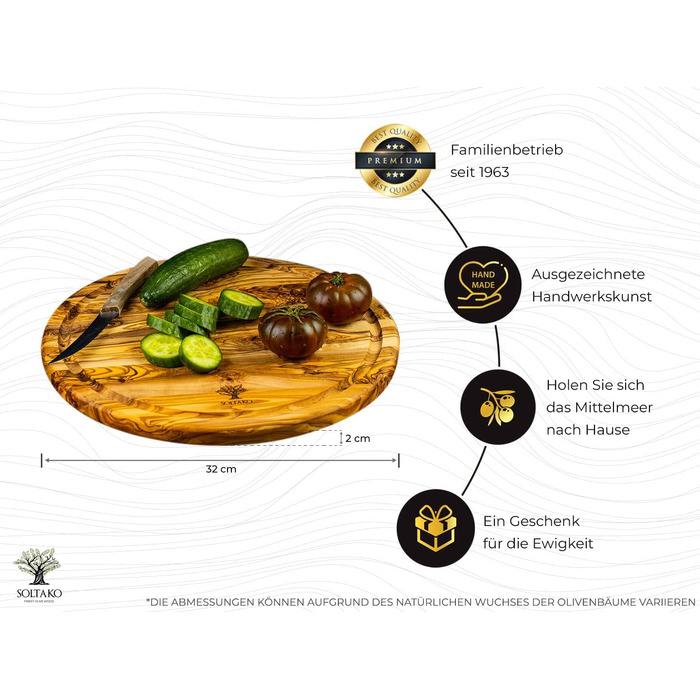 Дошка з оливкової деревини SOLTAKO, дошка для м'яса, обробна дошка, дерев'яна тарілка, дошка для піци, дошка для сніданку, екологічно чиста деревина, 32 см