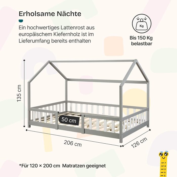 Дитяче ліжко Sisimiut Montessori від en.casa з бортиками, 120x200 см, світло-сірий/білий, з ламелями