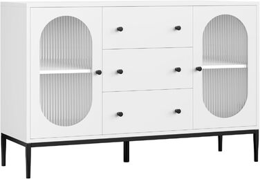 Буфет-шафа FirFurd 120 см білий з робочою поверхнею, 2 скляні дверцята та 3 висувні ящики для кухні, вітальні, їдальні. Розміри: 120x38x80 см