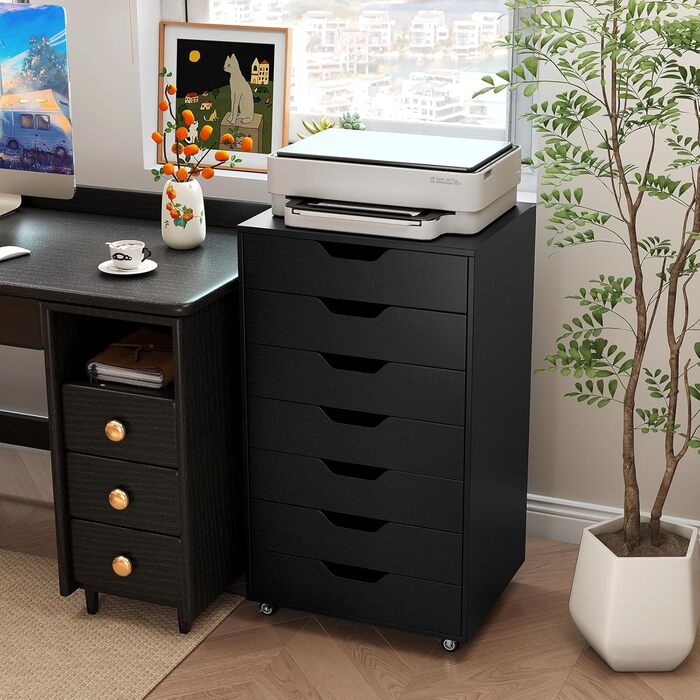 Мобільний рол контейнер KOMFOTTEU з шухлядами, чорний офісний шафчик для документів та файлів