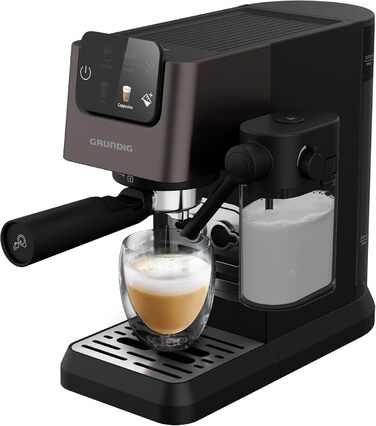 Еспресо-машина GRUNDIG KSM 6430 з вбудованим контейнером для молока, 1628 Вт, 20 бар, 2-дозова, Touch-Display, BrewSense, CreamyPro, Dark Inox/Schwarz, сумісна з капсулами та падами