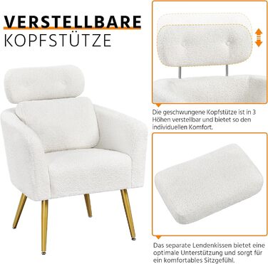 Крісло Yaheetech з тканини букле, м'яке, з регульованою підголівником, для вітальні/офісу, біле