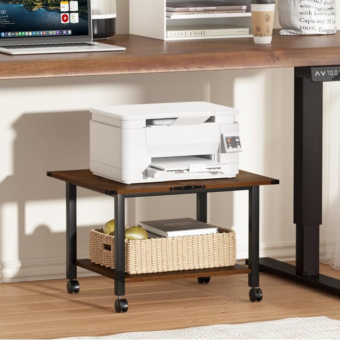Стіл для принтера LELELINKY з роликами, мобільний двоярусний стійка для принтера, підставка для принтера з фіксуючими колесами, візок для принтера для офісу, факсу та дому, 52,5 x 40 x 36 см, Колір: Коричневий