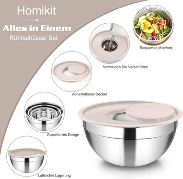 Набір мисок Homikit: 5 мисок з нержавіючої сталі з кришками та силіконовим дном, мультифункціональні, складані, придатні для миття в посудомийній машині, 6.6L / 3.5L / 2.5L / 1.5L / 1L (Хакі, з 3 тертками)