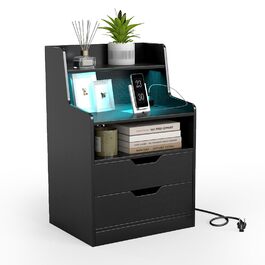 Нічний столик COSTWAY з LED-підсвіткою та зарядкою, 2 шухляди, відкриті полиці, пульт дистанційного керування, 45 x 35 x 72,5 см (Чорний)