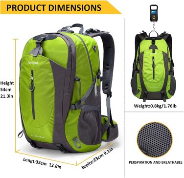 Водонепроникний рюкзак YTL для чоловіків і жінок, легкий рюкзак на відкритому повітрі об'ємом 40 л, підходить для подорожей і кемпінгу (розміри 21,3 х 13,8 х 9,1 дюйма) (неоново-зелений)