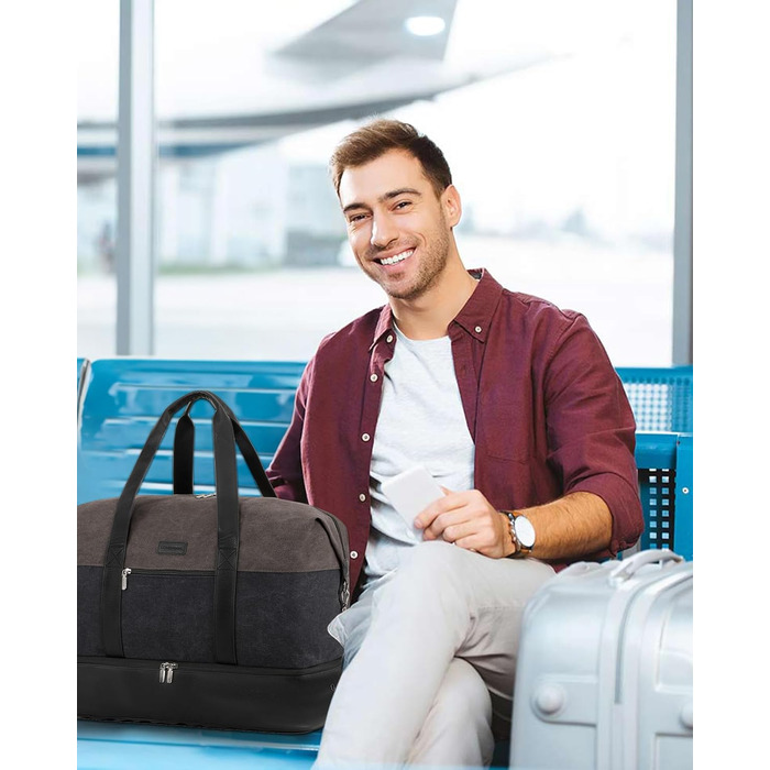 Спортивна сумка LOVEVOOK для жінок, дорожня сумка-валіза, дорожня сумка-мішок, валіза ручної поклажі, сумка для подорожей, сумка для пологів, сумка для одягу, сумка з відділенням для взуття, з косметичкою, бежево-коричнево-чорна (canvas), 50x38x25 см