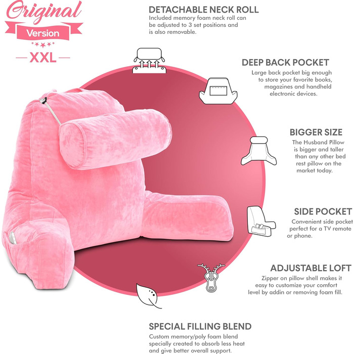 Подушка для чоловіка з підлокітниками - темно-сіра, для читання та відпочинку в ліжку, висока спинка, преміум піна пам'яті, знімний валик для шиї, оригінальна версія (світло-фіолетовий)