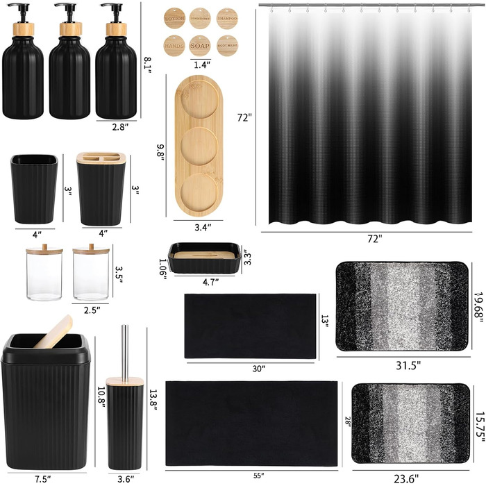 Набір для ванної кімнати 17 предметів: аксесуари для ванної, сміттєвий бак, дозатори мила, тримач для зубних щіток, 6 дерев'яних гачків, аксесуари для кухні та ванної (Чорний, Комплект для ванної + штора для душу + килимок для ванної + рушник для ванної)