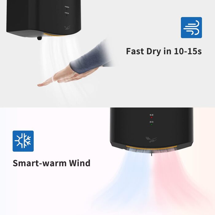 Anydry 2630S - Компактний електричний сушар для рук, автоматичний, настінний, для дому та бізнесу, чорний