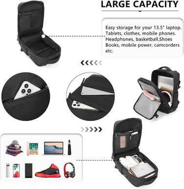 KONO Рюкзак для ручної поклажі 42x30x20, рюкзак для ноутбука 25L, Outdoor, для подорожей, спорту, Weekender з відділенням для взуття, чорний