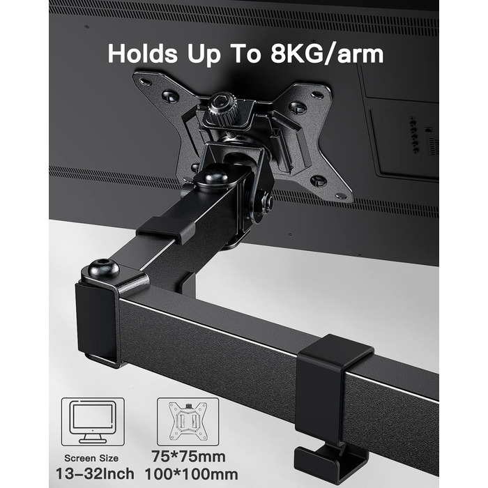 Кріплення для монітора ErGear 2 монітори, 13-32 дюйми, VESA 75/100mm, 8кг, поворот 180°/360°