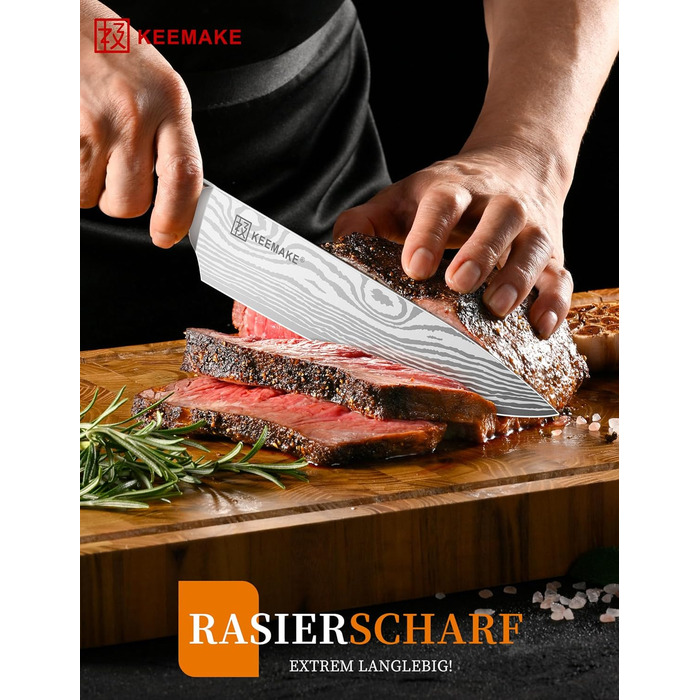KEEMAKE Ніж кухарський 20см, професійний ніж для кухні з нержавіючої сталі з захистом леза, гострий ніж шеф-кухаря для м'яса, овочів, риби
