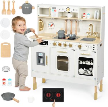 Дерев'яна дитяча кухня Mamabrum з LED-підсвічуванням - ігровий набір кухонь з регульованою висотою, з приготуванням кубиків льоду, мікрохвильовою піччю, плитою та посудомийною машиною. Іграшка для дітей від 3 років