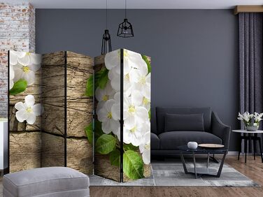 Екран для кімнати Murando з квітами, 225x172 см, 5 секцій, дерев'яний, білий/бежевий, для зонування простору