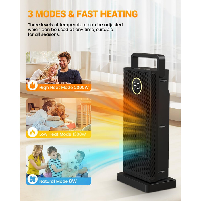 Електричний обігрівач з керамічним нагрівачем, 3 режими, 2000W, осциляція 70°, захист від перекидання, тихий обігрівач для дому та офісу