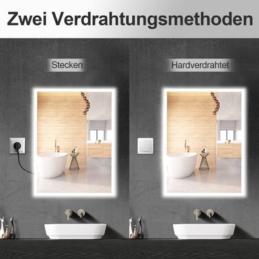 Дзеркало для ванної кімнати Furduzz LED, 70x50 см з підсвічуванням, сенсорним вимикачем, 3 кольори світла, регулювання яскравості, антизапарник, пам'ять налаштувань