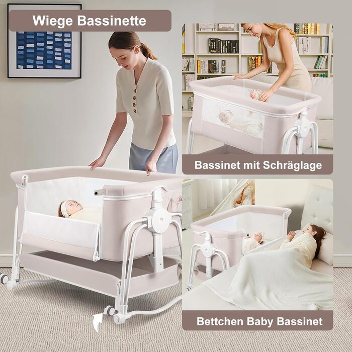 Дитяче ліжко-манеж 4 в 1 з регулюванням висоти, коліщата з фіксацією, комод, москітна сітка та матрац (біле)