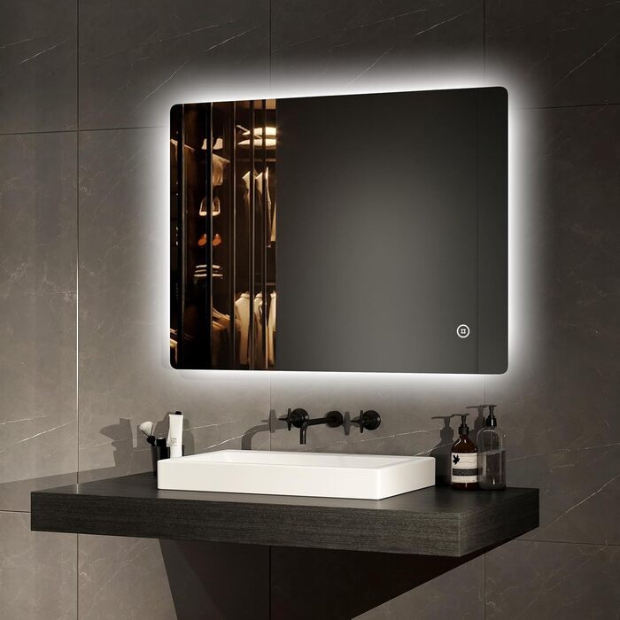 Дзеркало для ванної кімнати EMKE з підсвічуванням 50x70 см, регульована яскравість, LED, сенсорне управління, функція пам'яті, холодне світло, IP44, енергозбереження