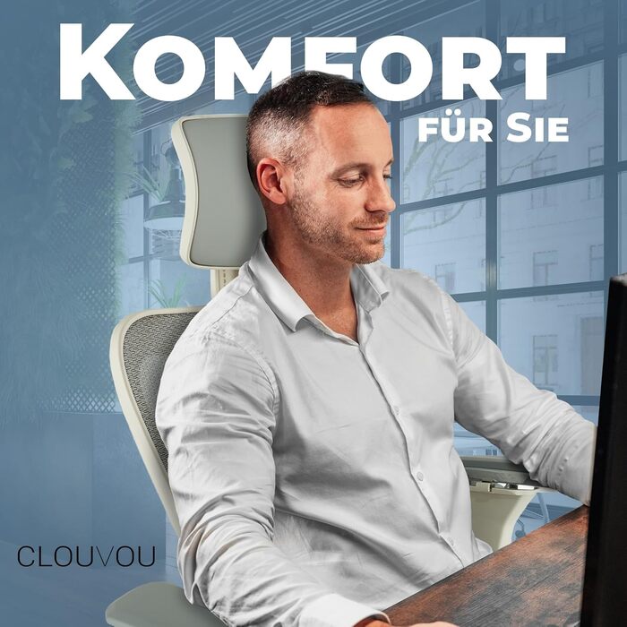 Ергономічне офісне крісло CLOUVOU CleverSeat, 4D хромований підлокітник, лопатеві колеса, 150 кг, кремово-білий