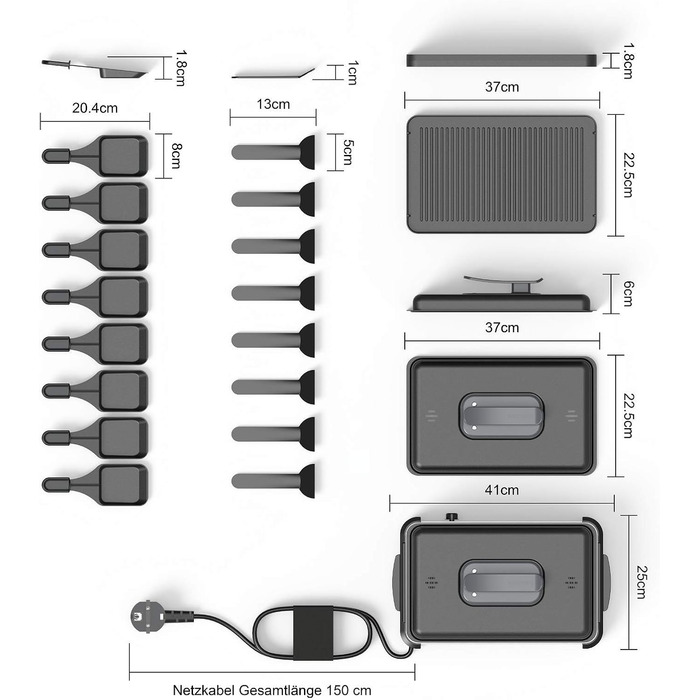 Електричний гриль-рателі Muchen на 8 осіб з антипригарним покриттям, регулюванням температури та 8 сковородами для рателі