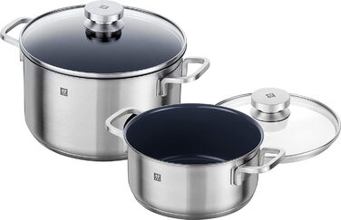 Набір каструль ZWILLING Quadro 5 предметів з нержавіючої сталі, без антипригарного покриття, 4 скляні кришки, підходить для індукційних плит