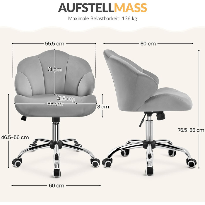 Крісло для дому та офісу Yaheetech, крісло для макіяжу, офісне крісло з регулюванням висоти, поворотне, з м'якою спинкою у формі мушлі, на коліщатках, з велюру, до 136 кг, білий (світло-сірий)