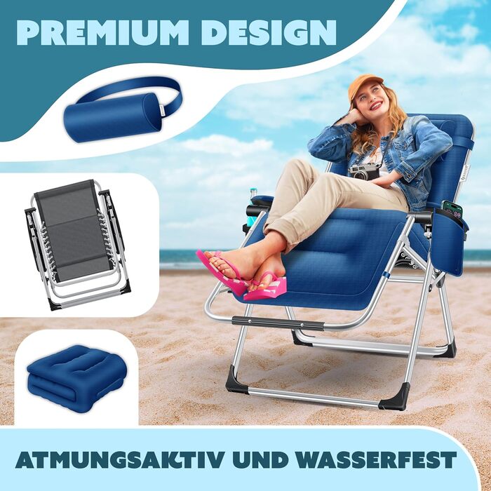 Шезлонг KESSER® для саду, широке крісло, водостійкий, вантажопідйомність 200 кг, ергономічна подушка, регульована спинка, підголовник, тримач для напоїв, підлокітники та бічна кишеня (без сонцезахисного даху), колір: темно-синій