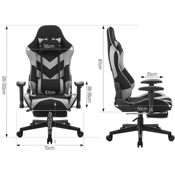 Крісло ігрове WOLTU з тканини, дихаюче, для літа, ергономічне, з підтримкою попереку, для геймерів, racing, PC, з функцією гойдання та підніжкою, для стрімінгу, чорно-сіре, тканинне