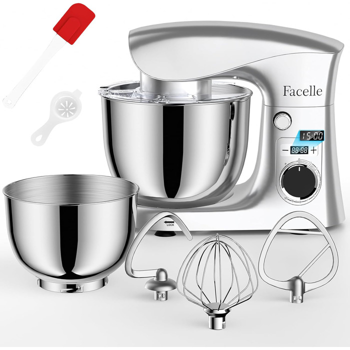 Кухонна машина-міксер Facelle 1500W з 5.5L та 4.5L чашами, 10+ програм, тиха робота, срібна