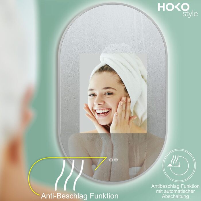 Дзеркало для ванної кімнати LED HOKO Design Turin, овальне, 45x75 см, матовий чорний каркас, сенсорне керування, LED-підсвічування, антизапарник