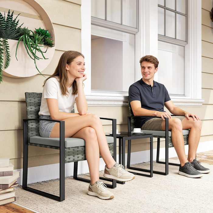 Набір садових меблів Ратан Бістро, 3 частини: 2 садові стільці, журнальний столик, знімні подушки, світло-сірий