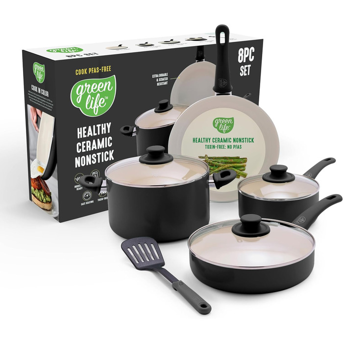 Набір кухонного посуду GreenLife Soft Grip 8 предметів, керамічне антипригарне покриття, чорний та кремовий, для приготування, тушкування, соусів, з кришками
