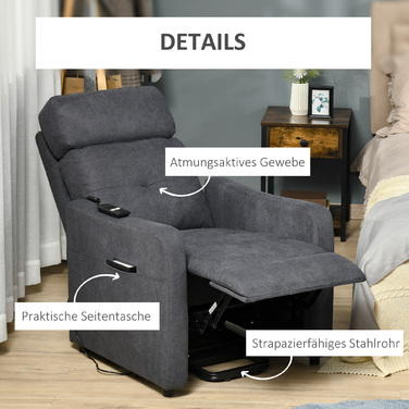 Крісло для телевізора HOMCOM Recliner з функцією відкидання та допоміжним засобом для стоянки, поліестерова тканина, сталь, сірий, 71 x 94 x 104 см для зручного сидіння