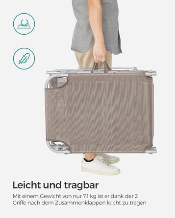 Лежак для відпочинку SONGMICS, розкладний, 193 x 53 x 29 см, до 150 кг, захист від сонця, подушка, регульована спинка, для саду, басейну, тераси (Taupe, без наматрацу)