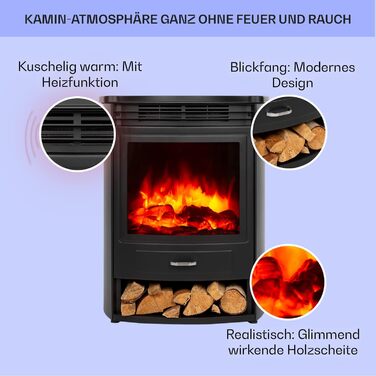 Електрокамін Klarstein Bormio S Smart, 1900 Вт, електричний обігрівач для вітальні, LED-імітація полум'я, з термостатом, таймером і пультом, чорний