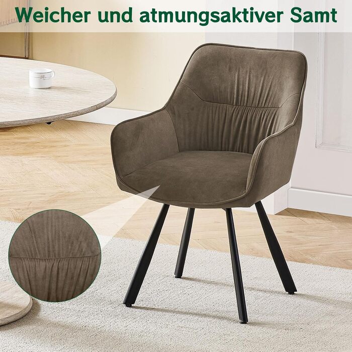 Набір обідніх крісел 6 шт. з поворотним механізмом, крісла з підлокітниками, поворот на 360°, м'яке крісло з велюру, для вітальні, кухні, робочого кабінету, спальні, коричневе, 6 шт.