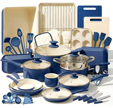 Набір посуду NutriChef 54 елементи: сковороди, каструлі, кухонні аксесуари, ножі, форми для випічки, для приготування здорової їжі (синій)