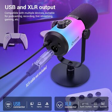 USB/XLR мікрофон для геймінгу та запису голосу FDUCE з RGB підсвічуванням, регулятором посилення та навушником.