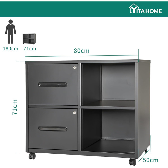Роликовий контейнер YITAHOME з 2 висувними ящиками, замикається, коліщатками, чорний, 80 x 50 x 71 см