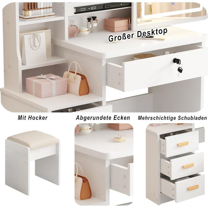 Дзеркальний туалетний столик DATO з LED-підсвічуванням, 3 колірні температури та регулюванням яскравості, з пуфом, 5 шухляд та 3 полиці, розсувний дзеркало