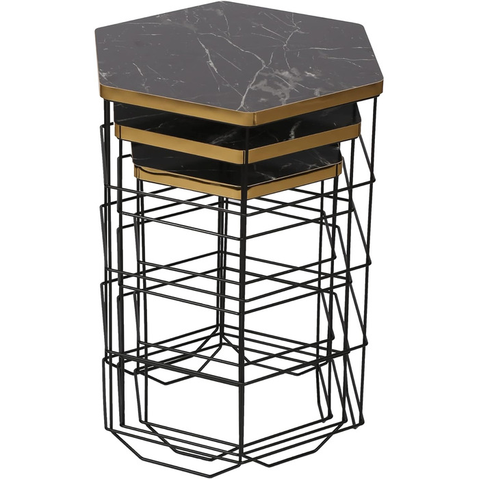 Журнальний стіл Hørning Набір з 3 металевих кошиків зі знімною кришкою Чорний мармур Плетений стіл Диванний стіл з місцем для зберігання Стіл для вітальні Квадрат