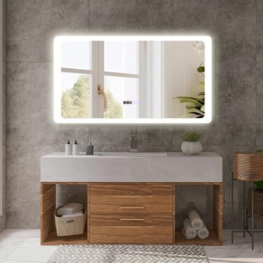 Дзеркало для ванної кімнати YOURLITE з LED-підсвічуванням 100x60 см, сенсорне управління, годинник, антизапотівання, 3 кольори світла, регулювання яскравості, функція пам'яті, білий - 60100