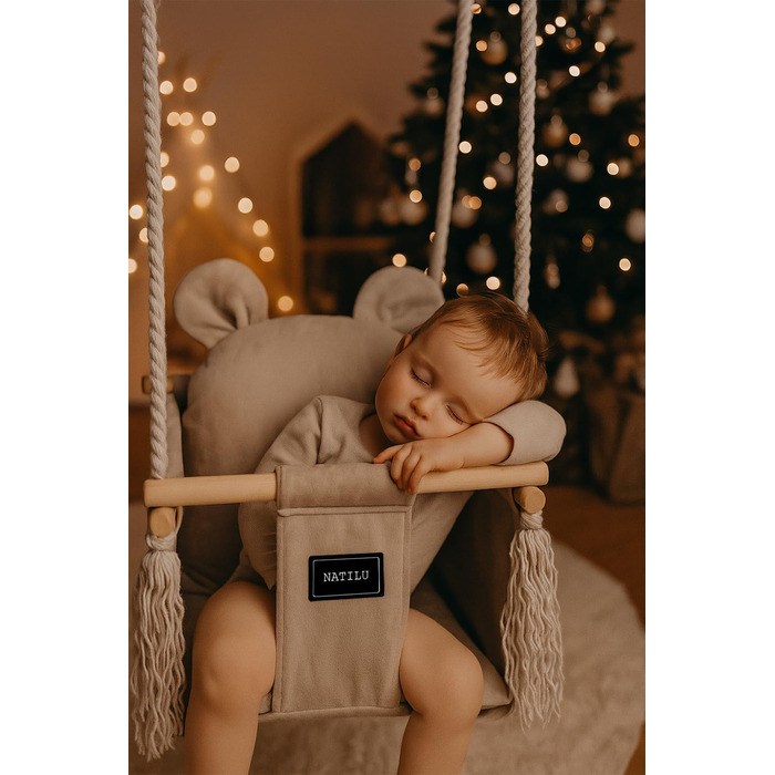 Дитяча гойдалка для дому та вулиці | Bär Light Beige Velvet | Гойдалка для малюків | Дерев'яна гойдалка для дітей | Гойдалка для дверного отвору