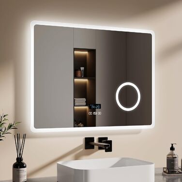 EMKE® LED дзеркало для ванної кімнати 80x60 см з підсвічуванням, регулюванням, годинником та Bluetooth, IP44, 3 кольори світла