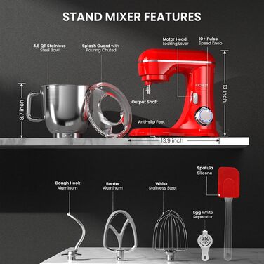 Швидкісний кухонний комбайн KICHOT 4,5 л, включаючи віночок, гачок для тіста, захист від бризок, ідеально підходить для випічки (червоний), 10-