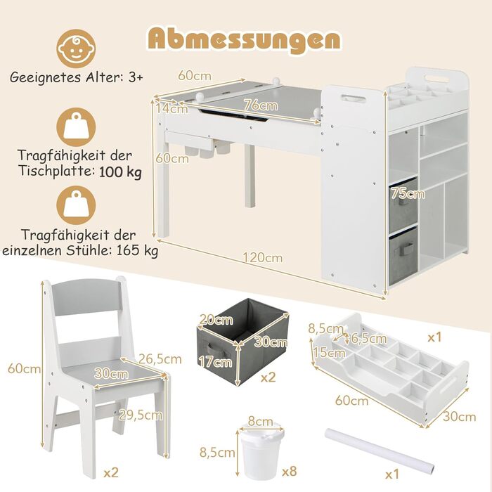 Детский стол Dreamade 3 в 1 с 2 стульями из дерева, стол для рисования с откидной столешницей и 2 тканевыми ящиками, детский столик-сидячая группа с хранением для детской комнаты (с 7 отделениями)