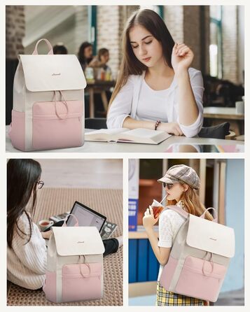 LOVEVOOK Рюкзак для жінок, легкий шкільний рюкзак для підлітків з відділенням для ноутбука 15.6 дюймів, жіночий рюкзак для навчання, подорожей, роботи (M-15.6 дюймів, Рожевий + Бежевий)