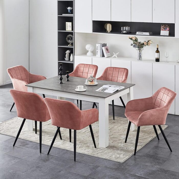 CLIPOP Комплект стільців для їдальні з підлокітниками, м'яке крісло, оббивка з штучної шкіри, для кухні, вітальні (6 шт., оксамит персиково-рожевий)
