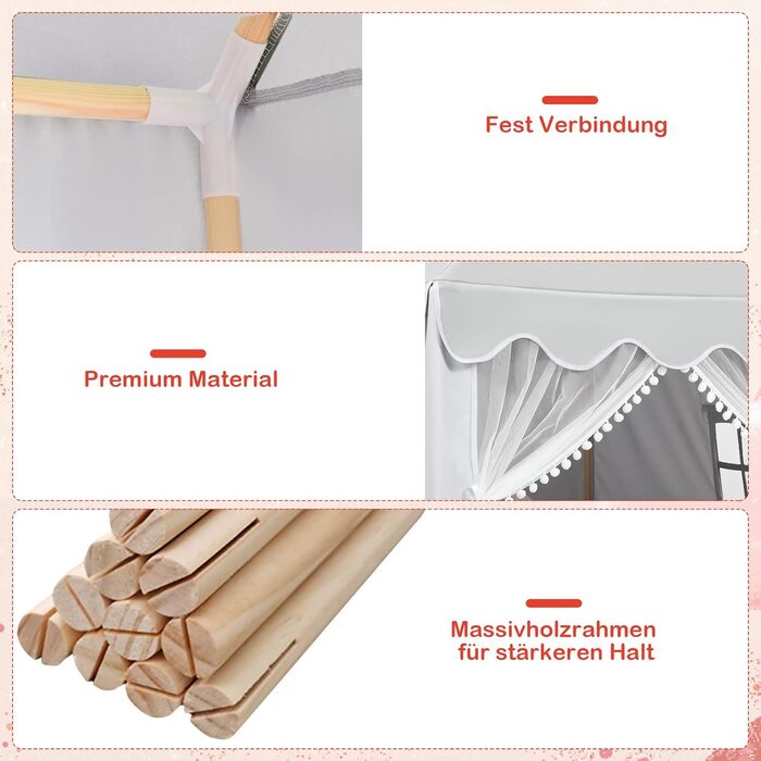 Дитячий намет DREAMADE з м'якою дахом та вікнами, дерев'яний каркас, ігровий будиночок, намет Тіпі для хлопчиків та дівчаток (сірий)